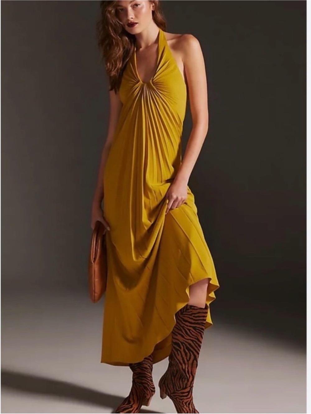 Anthropologie Pleated Halter Maxi Dress Grecian Mustard Yellow Gold Size 20W
